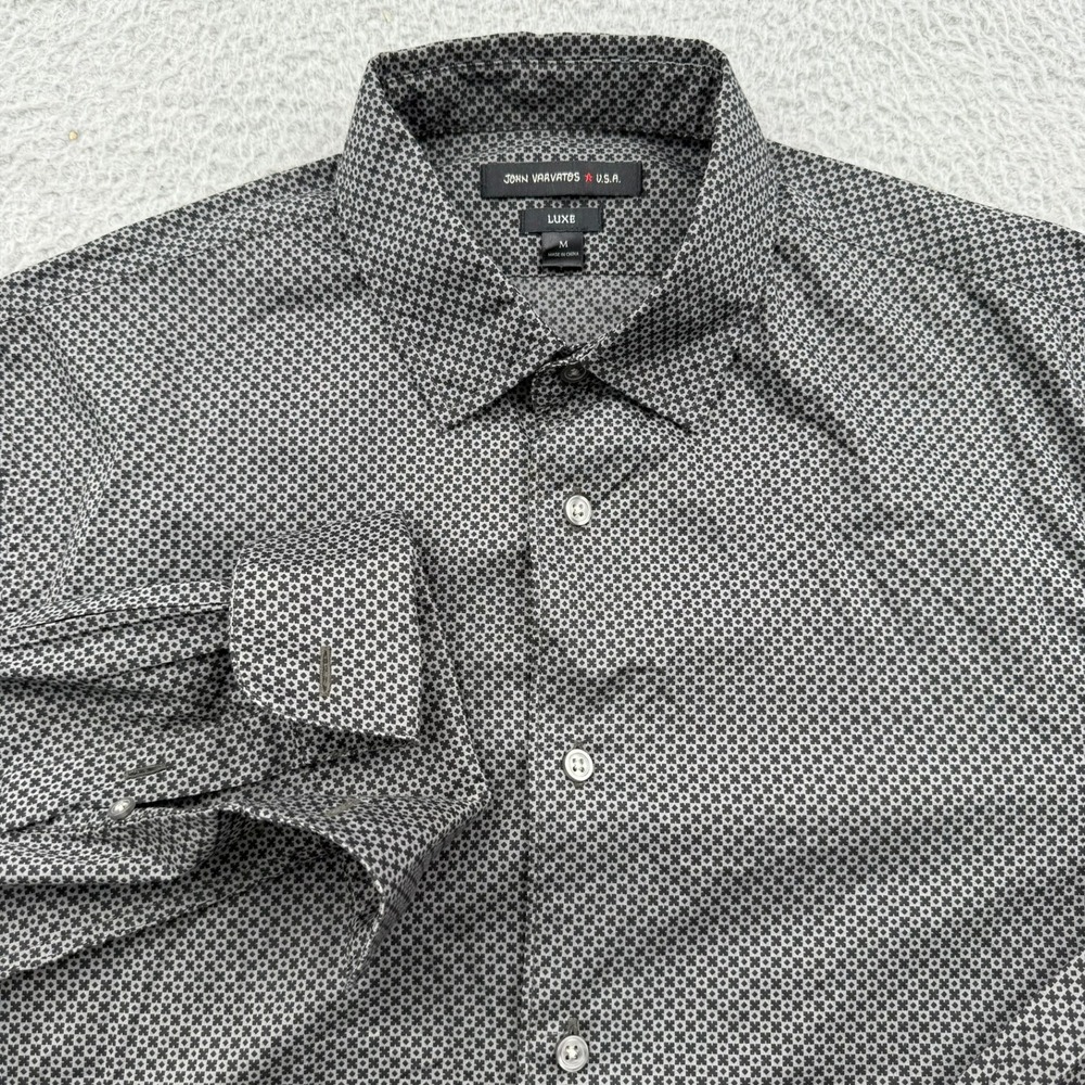 John Varvatos Button Down Shirt Mens Medium Grey Luxe Geometric Long Sleeve